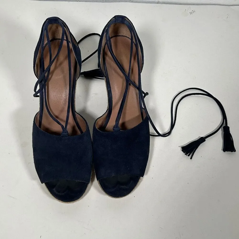 Cabi Isla Blue Suede Ankle Wrap Wedge Sandals Espadrille Size 9.5 Open Toe